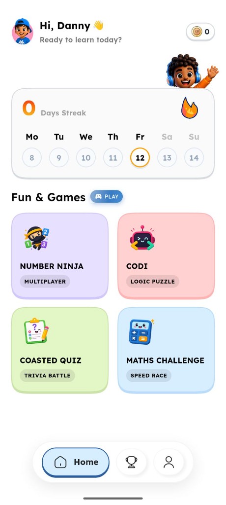 Coasted Code Games home screen with Number Ninja, Codi, Coasted Quiz and Maths Challenge