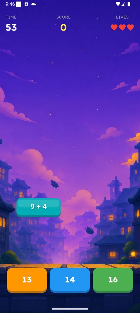 Number Ninja timed maths round with score, lives and three answer buttons